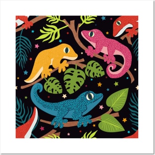 Colourful Geckos with Jungle Leaves and Stars on Black Posters and Art